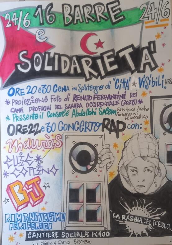 Sabato 24 giugno 2023 alle ore 20:00 16 barre e solidarietà al popolo saharawi: cena + concerto rap.