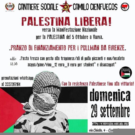 In vista della Manifestazione Nazionale per la Palestina del 5 Ottobre a Roma, pranzo di finanziamento per il pullman organizzato da Firenze.